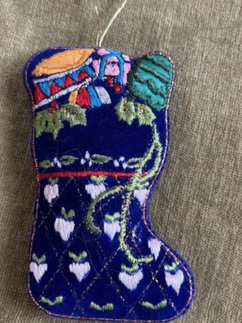 Embroidered Navy Velvet Holiday Stocking Ornament with Floral Accents